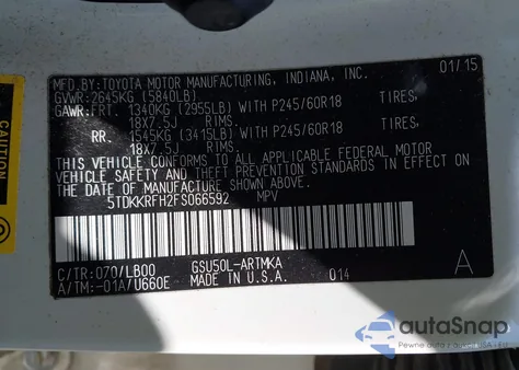 2015 Toyota Highlander Xle V6 from USA, damaged, VIN 5TDKKRFH2FS066592